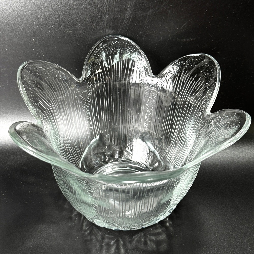 Vintage Clear Art Glass Scalloped Tulip Bowl Textured Bubble Petal Candle Candy